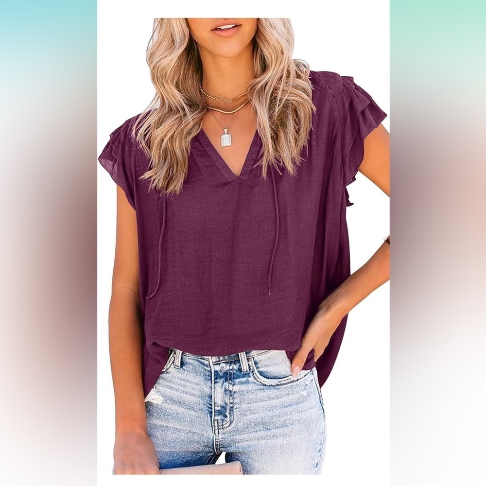 Maroon, Short Sleeve with Ruffle and tie detail Blouse - Picture 4 of 7